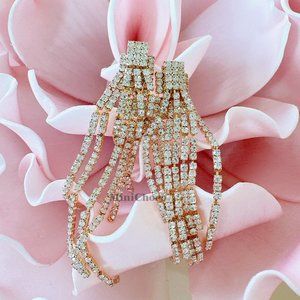 Gold Tone Rhinestone Fringe Double layer Earrings